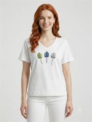 Kadın Beyaz V Yaka Yaprak Detaylı Pamuklu T-Shirt